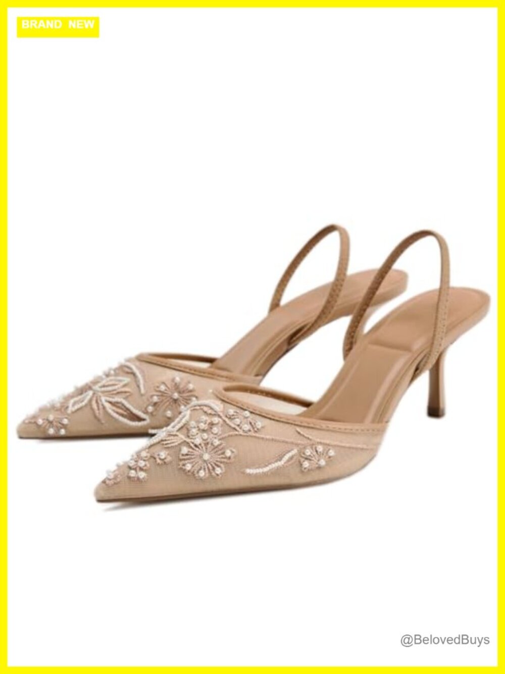 Embroidery Mesh Slingback Kitten Heel Pearl Pointed Toe Wedding Pumps